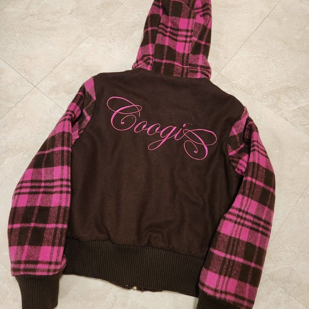 VTG COOGI Womens L Large Pink Brown Plaid Wool Blend Hooded Zip Toggle Jacket